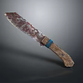 Rustic Combat Knife With Weathered Blade And Wooden Handle Blue Accent