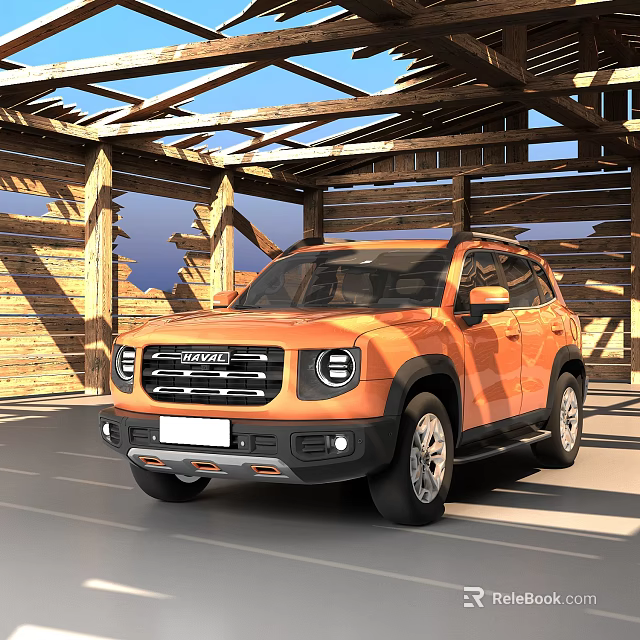 Orange SUV Car Parked Under Wooden Shelter With Open Roof Structure 3d model 