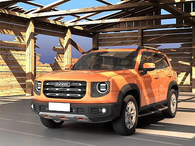Orange SUV Car Parked Under Wooden Shelter With Open Roof Structure 3d model