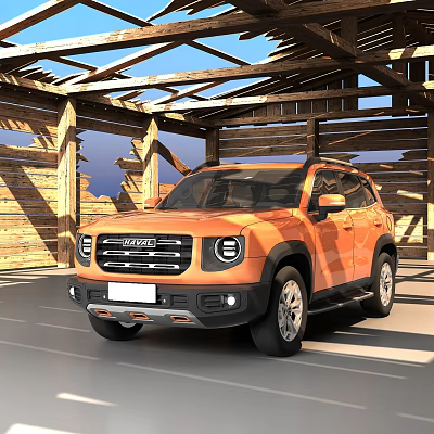 Orange SUV Car Parked Under Wooden Shelter With Open Roof Structure 3d model