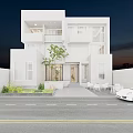 Modern Detached Villa Exterior with Large Windows Illuminated Evening Garden Tree and Outdoor Seating