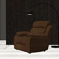Brown Leather Single Sofa With Black Arc Floor Lamp And Dark Wooden Wall