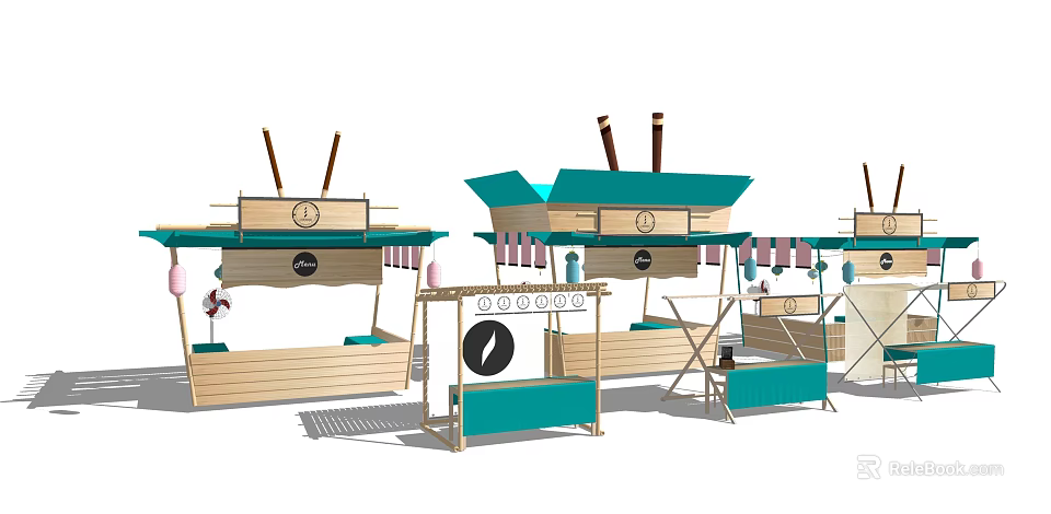 Colorful Market Stalls With Wooden Structure And Turquoise Green Display Racks Fans And Product Labels 3d model 