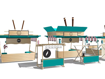 Colorful Market Stalls With Wooden Structure And Turquoise Green Display Racks Fans And Product Labels 3d model
