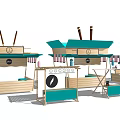 Colorful Market Stalls With Wooden Structure And Turquoise Green Display Racks Fans And Product Labels