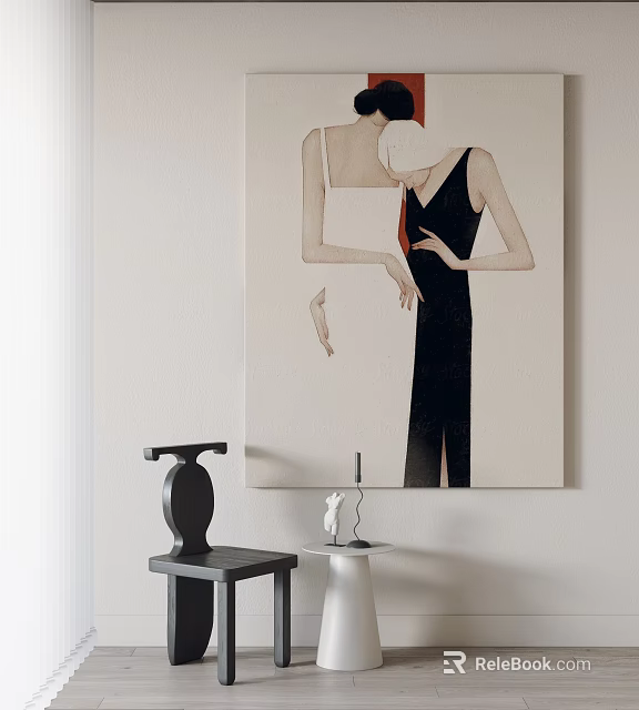 Minimalist Figure Painting with Two Female Figures in Black Dress Hanging on Beige Wall 3d model 
