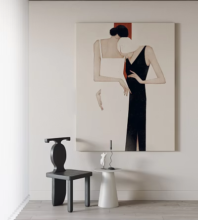 Minimalist Figure Painting with Two Female Figures in Black Dress Hanging on Beige Wall 3d model