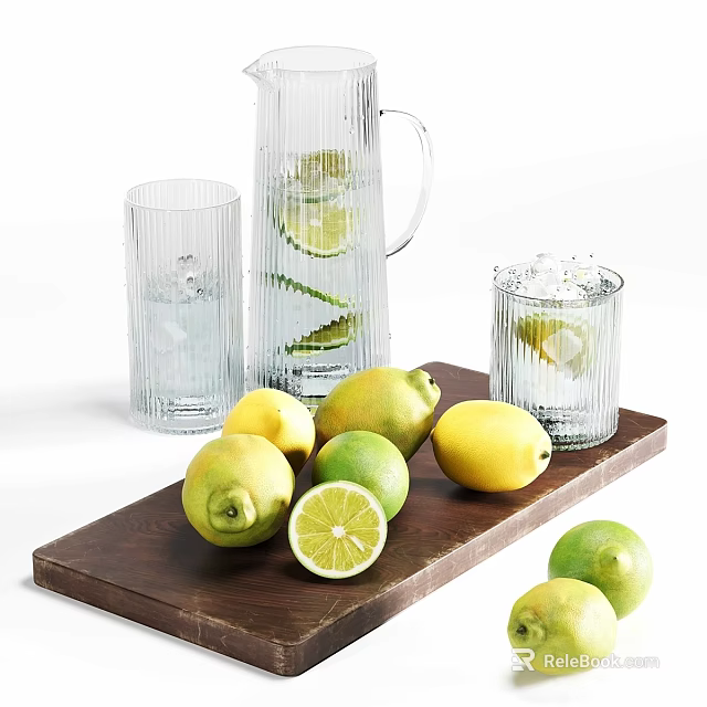 Fresh Lemons And Limes Sliced In Glass Pitcher With Ice Cubes On Wooden Tray 3d model 