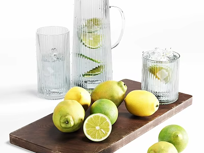 Fresh Lemons And Limes Sliced In Glass Pitcher With Ice Cubes On Wooden Tray 3d model
