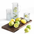Fresh Lemons And Limes Sliced In Glass Pitcher With Ice Cubes On Wooden Tray