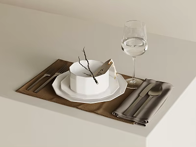 Elegant Dinnerware Set With White Bowl Plate Brown Placemat Gray Napkin Cutlery And Wine Glass 3d model