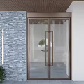 Modern Double Glass Hinged Door With Bronze Metal Frame For Home Exterior Stone Wall