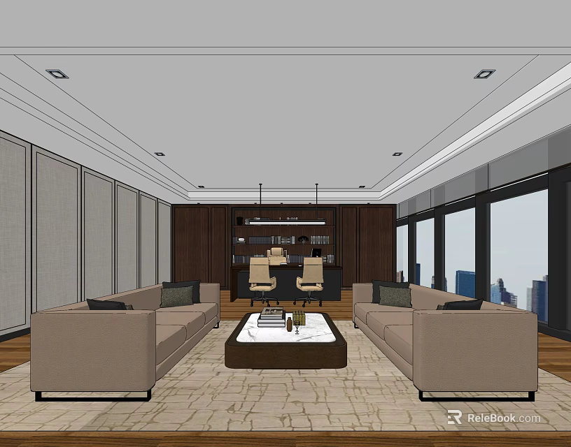Modern Office Lounge With Comfortable Sofas Coffee Table Large Windows And City View 3d model