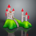 Castle Building With Red Spires White Walls Green Base And Stone Path Flags 3d model