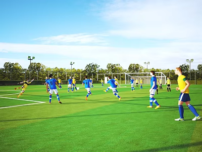 Green Football Field With Soccer Players In Blue Yellow Jerseys During Game On Sunny Day 3d model