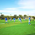 Green Football Field With Soccer Players In Blue Yellow Jerseys During Game On Sunny Day