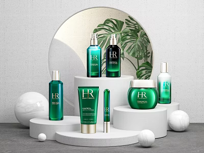 Elegant Green Perfume Cosmetics Display With White Stands Round Mirror And Green Plants 3d model