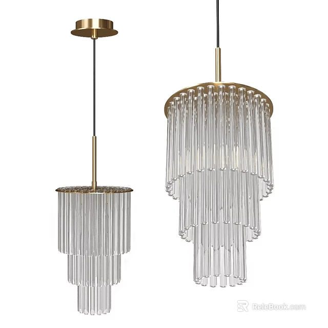 Modern Glass Chandeliers with Hanging Transparent Tubes and Gold Metal Frame 3d model 