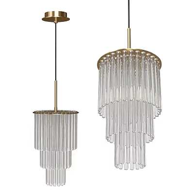Modern Glass Chandeliers with Hanging Transparent Tubes and Gold Metal Frame 3d model