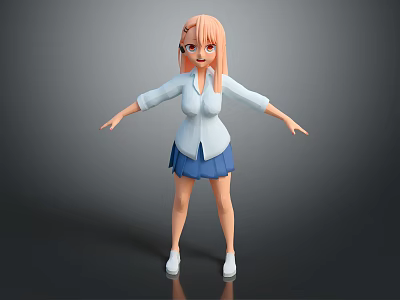 Game And Movie Character With Pink Hair Glasses In White Blouse Blue Skirt Standing Pose 3d model