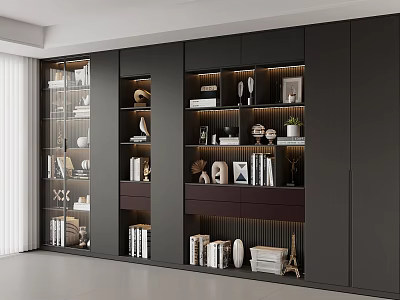 Modern Dark Bookcase Design With Shelves Books Decorative Items And Lighting 3d model