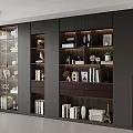 Modern Dark Bookcase Design With Shelves Books Decorative Items And Lighting