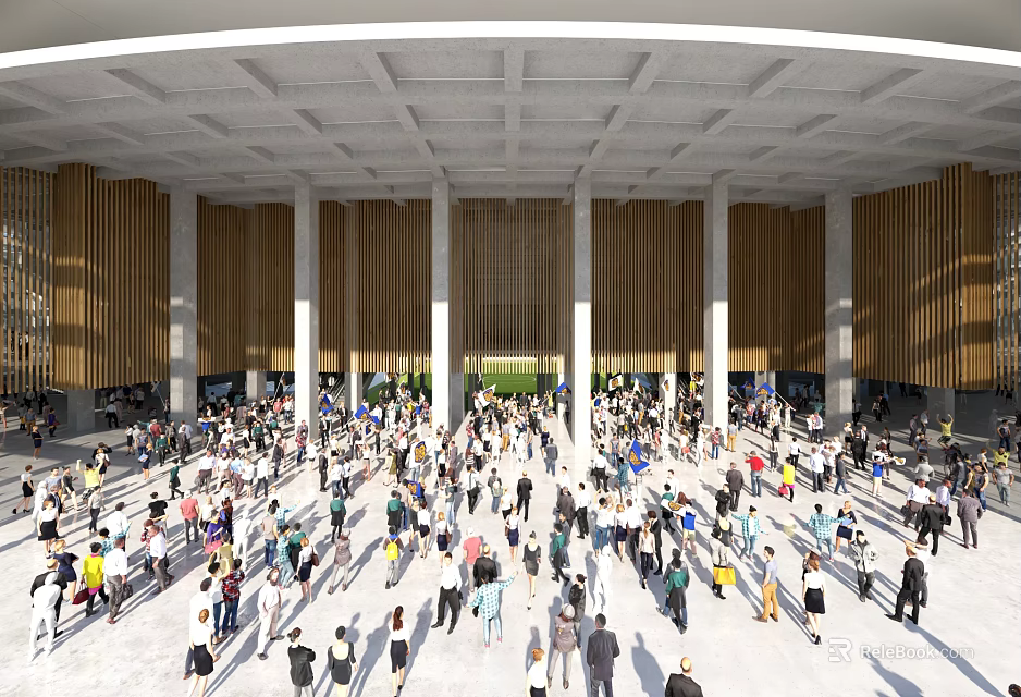 Spacious Public Hall Interior With Tall Columns Wooden Walls And Crowded People 3d model 