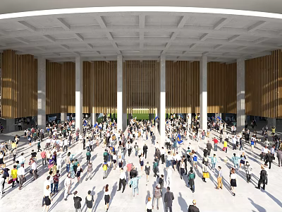 Spacious Public Hall Interior With Tall Columns Wooden Walls And Crowded People 3d model