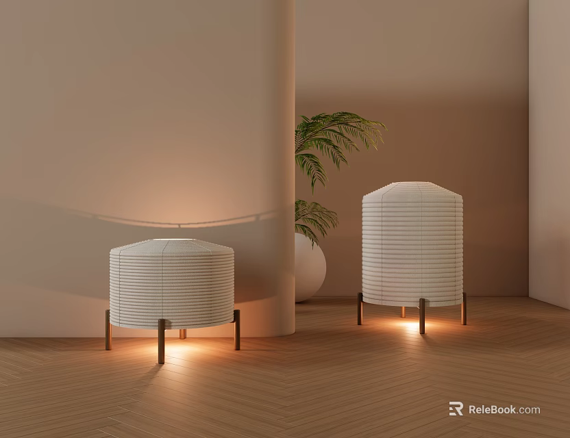 White Striped Floor Lamps with Metal Stand Warm Light Beige Wall Wooden Floor Green Plant 3d model 
