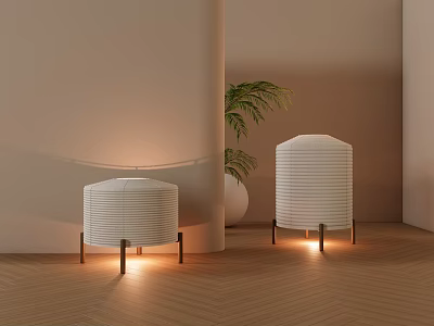 White Striped Floor Lamps with Metal Stand Warm Light Beige Wall Wooden Floor Green Plant 3d model