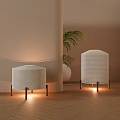 White Striped Floor Lamps with Metal Stand Warm Light Beige Wall Wooden Floor Green Plant