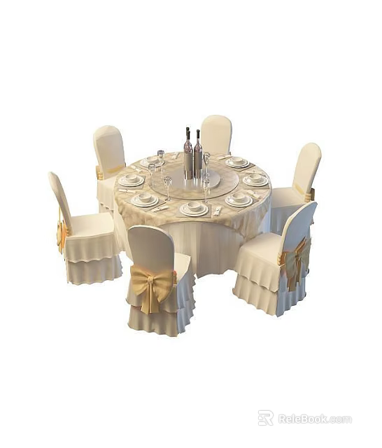Elegant Round Dining Table Setup With White Tablecloth Bow Decorated Chairs Tableware And Wine Bottle 3d model