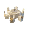 Elegant Round Dining Table Setup With White Tablecloth Bow Decorated Chairs Tableware And Wine Bottle 3d model