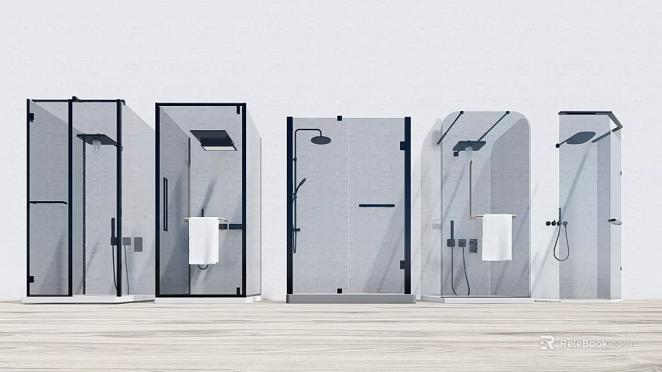 Modern Shower Interior Design With Glass Enclosures Shower Heads And Towel Racks 3d model 