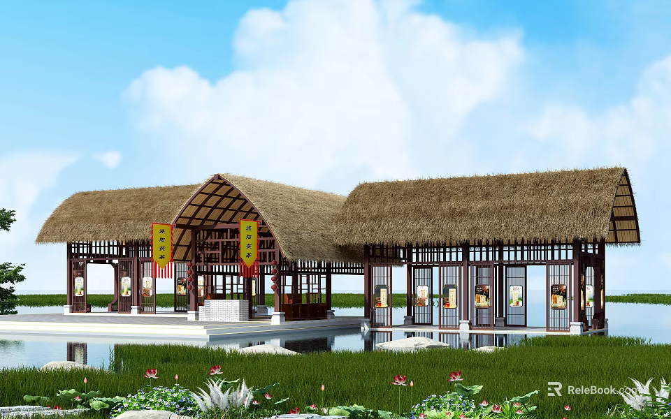 Thatched Cottage With Straw Roof By Water Lotus Flowers Wooden Structure And Red Decorations 3d model 