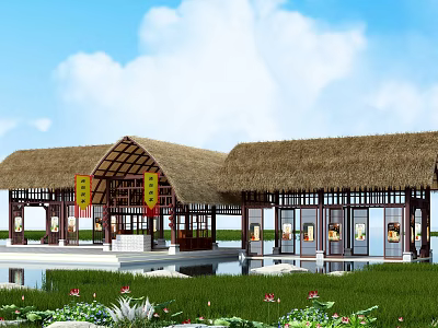 Thatched Cottage With Straw Roof By Water Lotus Flowers Wooden Structure And Red Decorations 3d model