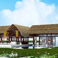 Thatched Cottage With Straw Roof By Water Lotus Flowers Wooden Structure And Red Decorations