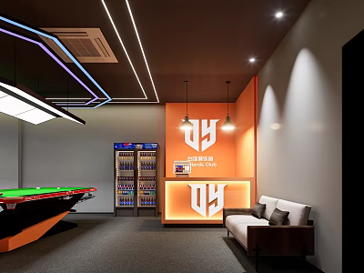 Modern Billiard Room Interior With Green Pool Table CLUB V Sign Sofa And LED Lights 3d model