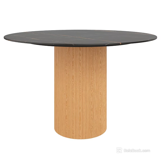 Round Dining Table With Black Marble Top And Wooden Ribbed Cylindrical Base 3d model