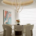 Elegant Dining Living Room Interior With Chandelier White Blinds Dining Table Chairs Flowers And Cabinets