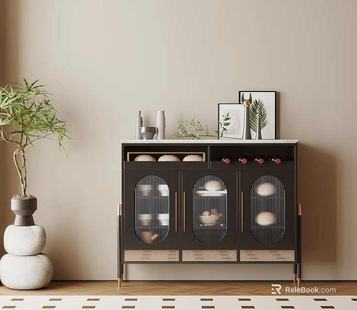 Elegant Black Sideboard With Glass Doors Decorative Vases Picture Frames Green Plant And Stone Decor 3d model 