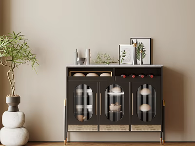 Elegant Black Sideboard With Glass Doors Decorative Vases Picture Frames Green Plant And Stone Decor 3d model