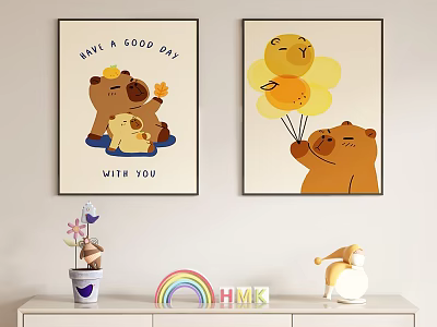 Cute Animal Paintings with Bear Puppy Yellow Balloons and Good Day Text for Kids Room Decor 3d model