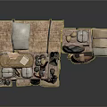 Ancient Carriage Components 3D Model With Wooden Crates Wheels Cloths And Scrolls