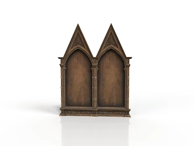 Gothic Style Wooden Bookcase with Double Arch Top Pointed Spires and Ornate Pillar Details 3d model