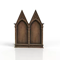 Gothic Style Wooden Bookcase with Double Arch Top Pointed Spires and Ornate Pillar Details