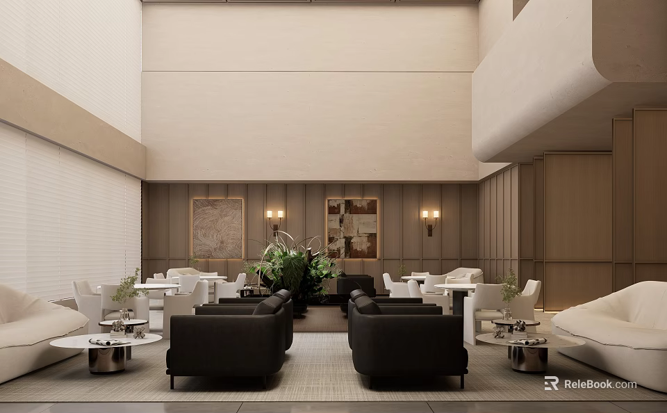 Elegant Modern Ballroom Interior With Spacious Layout Black Sofas And Greenery Decorations 3d model 