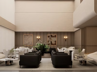 Elegant Modern Ballroom Interior With Spacious Layout Black Sofas And Greenery Decorations 3d model