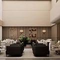 Elegant Modern Ballroom Interior With Spacious Layout Black Sofas And Greenery Decorations