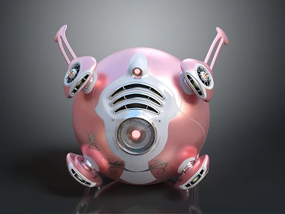 Pink Spherical Mechanical Device With Silver Appendages And Futuristic Tech Details 3d model